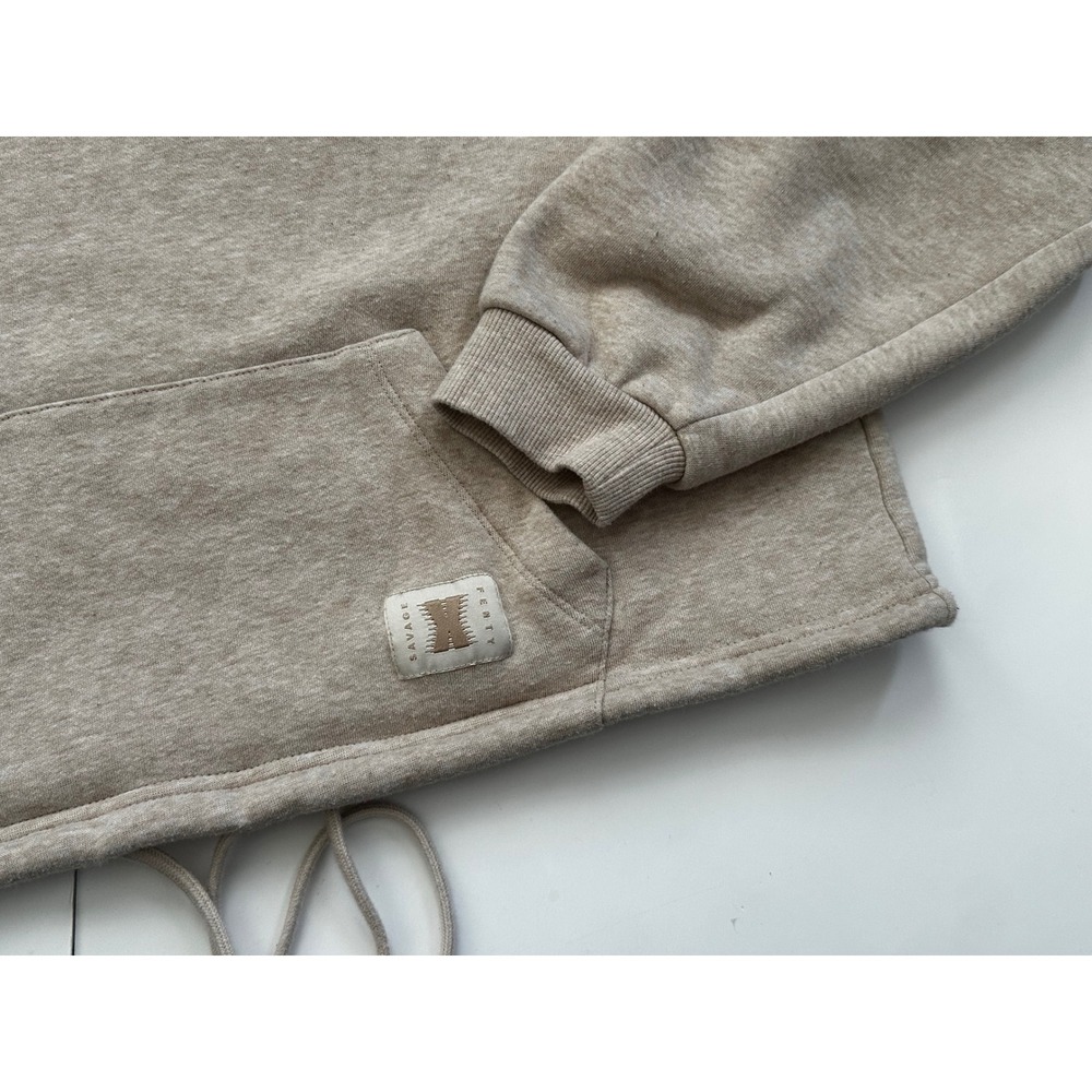 Savage X Fenty Cropped Hoodie Oatmeal Heather Beige Drawstring Pullover‎ Medium - Picture 2 of 5